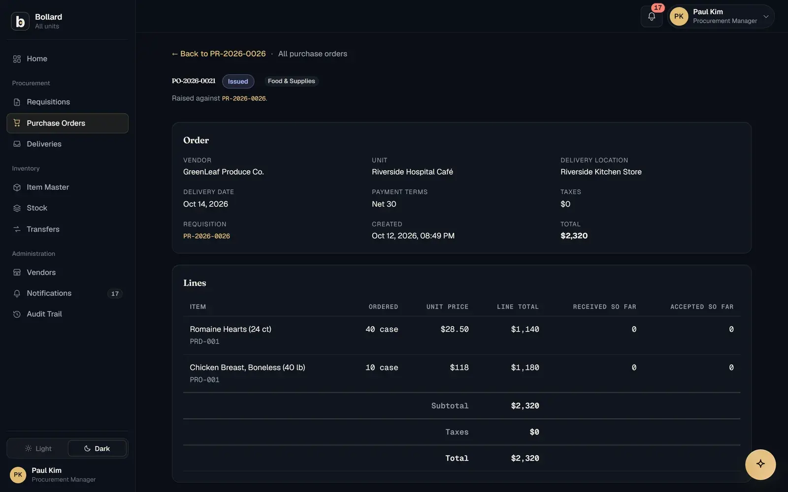 An issued purchase order with vendor, delivery location, terms and line prices.